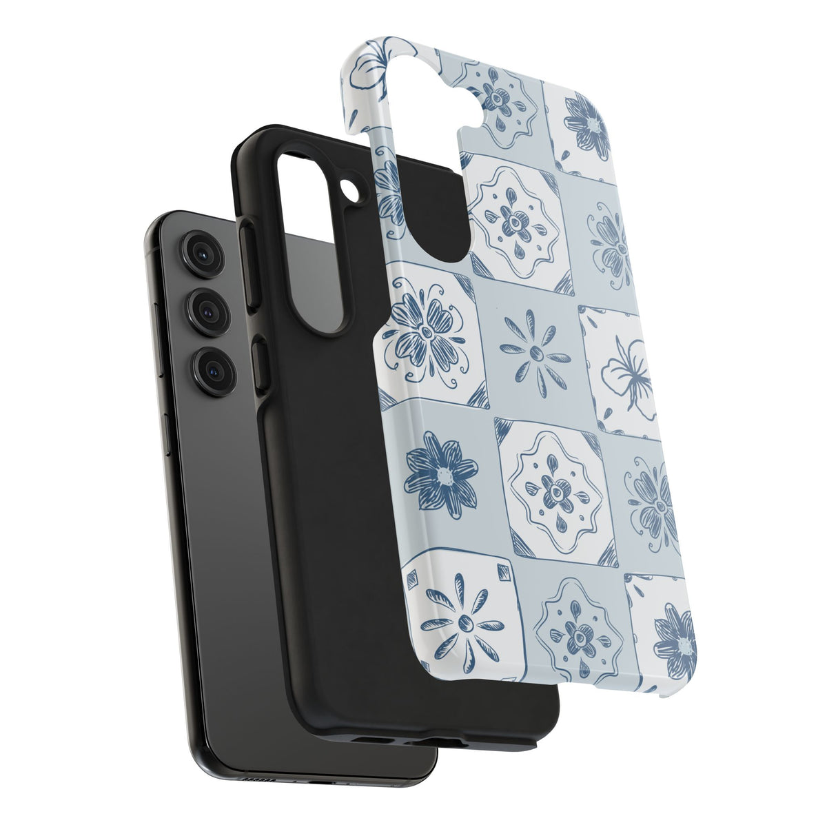 Blue Tile Floral Tough Phone Case — Ceramic Pattern Protective Phone Cover