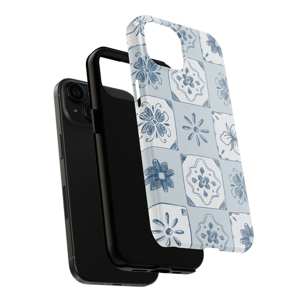 Blue Tile Floral Tough Phone Case — Ceramic Pattern Protective Phone Cover