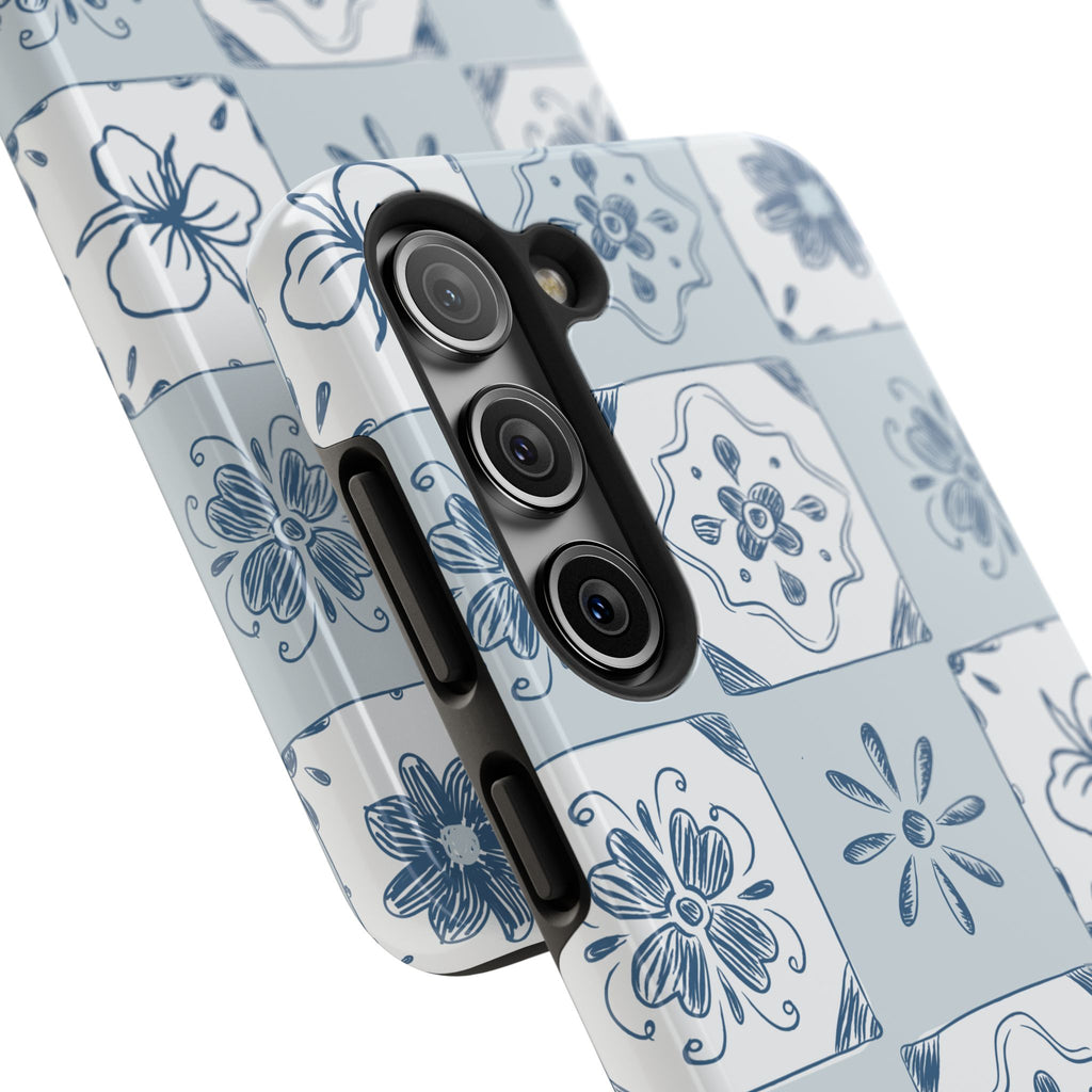 Blue Tile Floral Tough Phone Case — Ceramic Pattern Protective Phone Cover