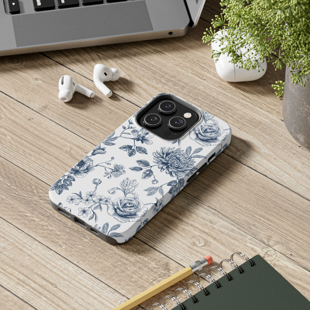 Tough Phone Case — Blue Vintage Floral Protective iPhone Cover