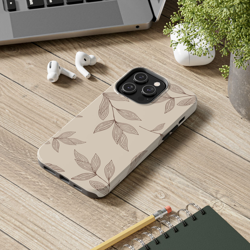 Tough Phone Case — Neutral Botanical Leaf Design (Protective Floral iPhone Case)