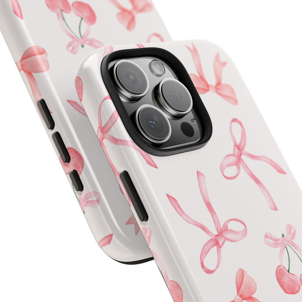 Pink Cherry & Bows Tough Phone Case — Cute Pastel Floral Pattern