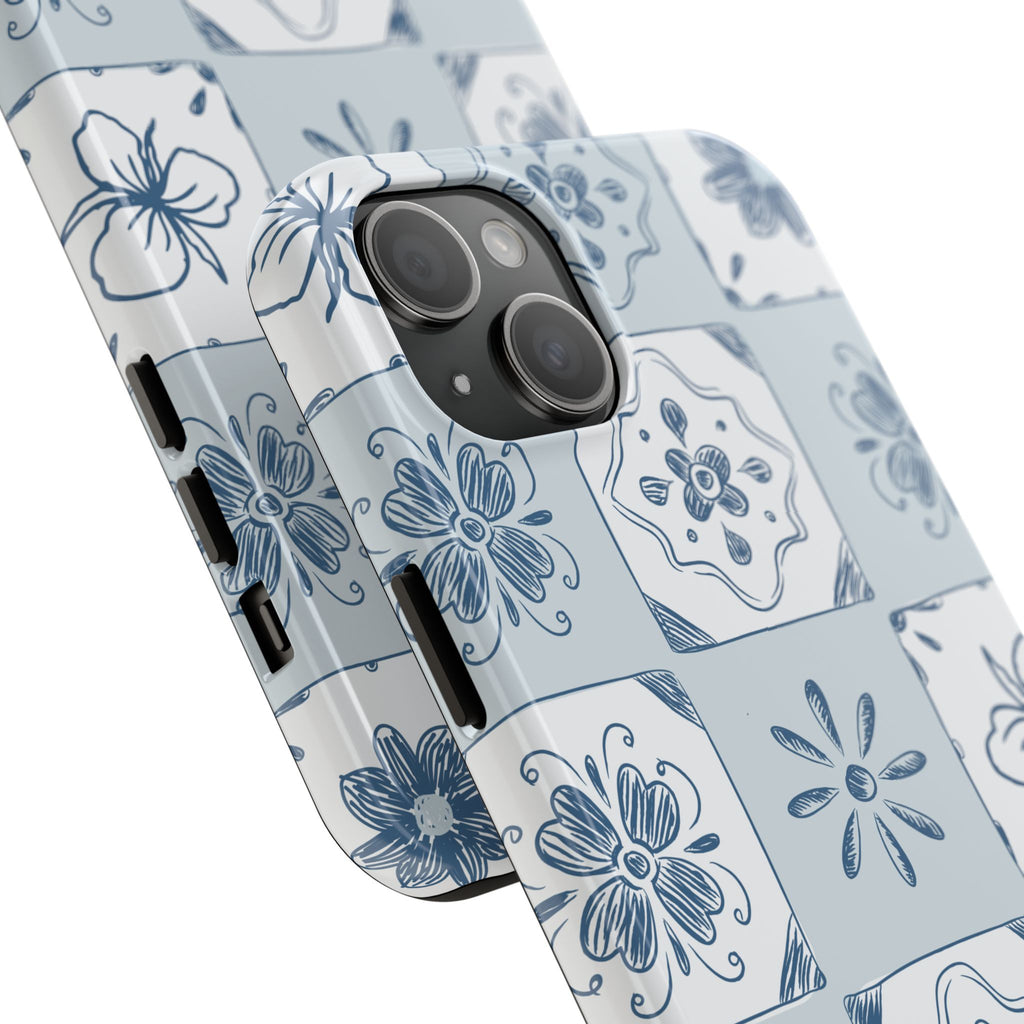 Blue Tile Floral Tough Phone Case — Ceramic Pattern Protective Phone Cover