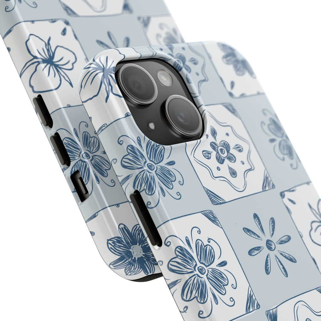 Blue Tile Floral Tough Phone Case — Ceramic Pattern Protective Phone Cover
