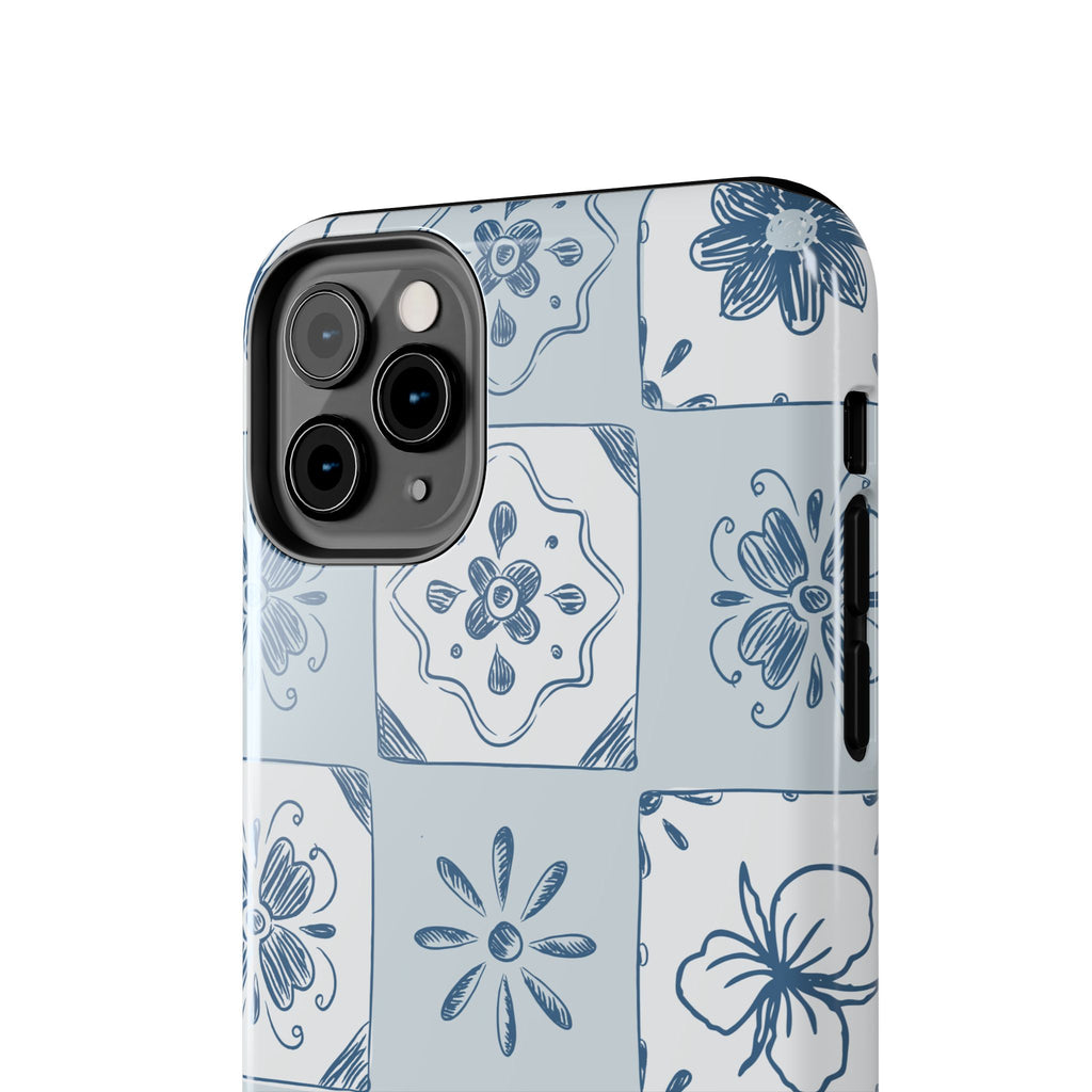 Blue Tile Floral Tough Phone Case — Ceramic Pattern Protective Phone Cover