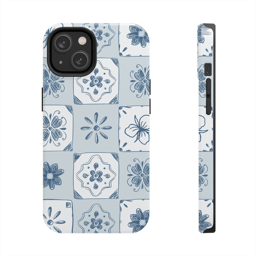 Blue Tile Floral Tough Phone Case — Ceramic Pattern Protective Phone Cover