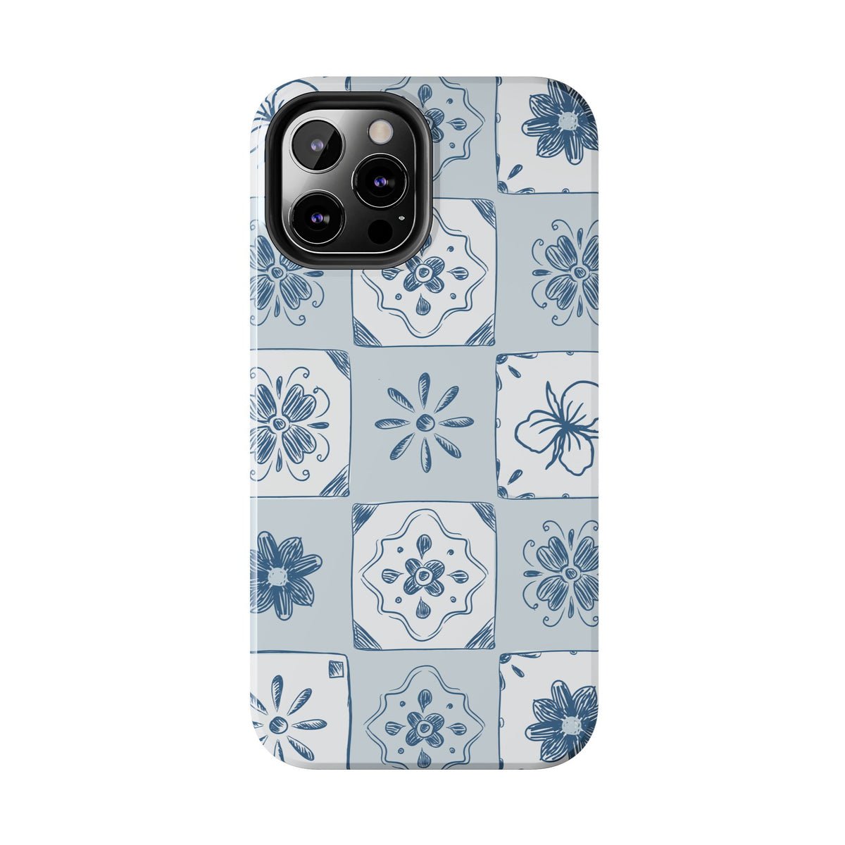 Blue Tile Floral Tough Phone Case — Ceramic Pattern Protective Phone Cover
