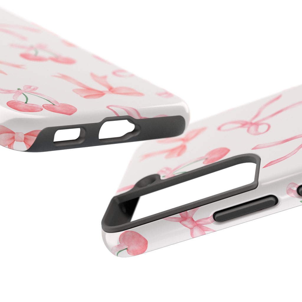 Pink Cherry & Bows Tough Phone Case — Cute Pastel Floral Pattern