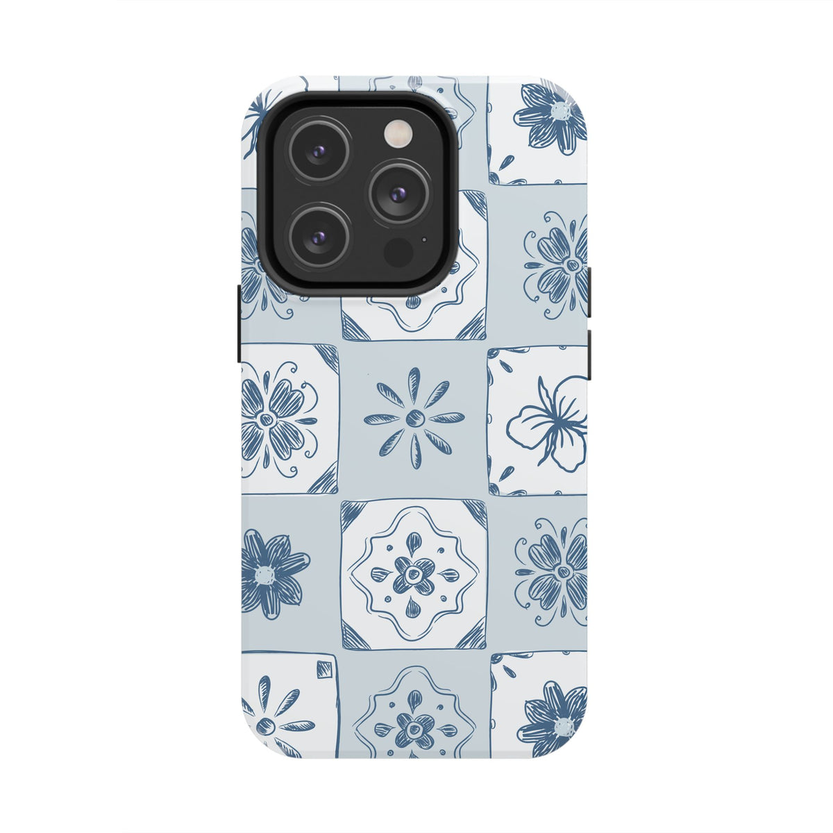 Blue Tile Floral Tough Phone Case — Ceramic Pattern Protective Phone Cover