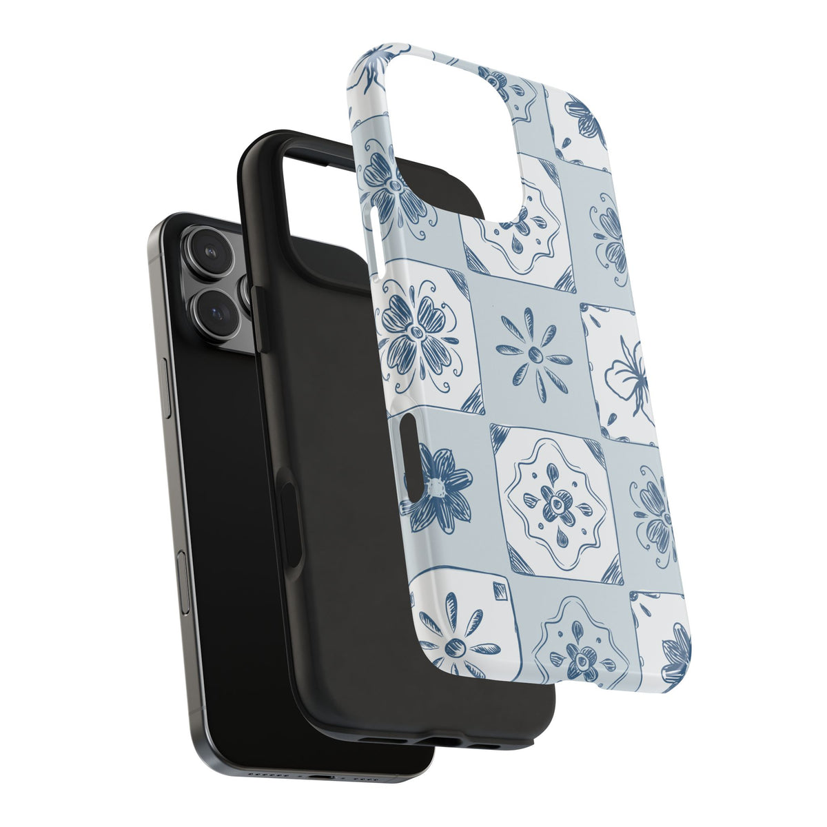 Blue Tile Floral Tough Phone Case — Ceramic Pattern Protective Phone Cover