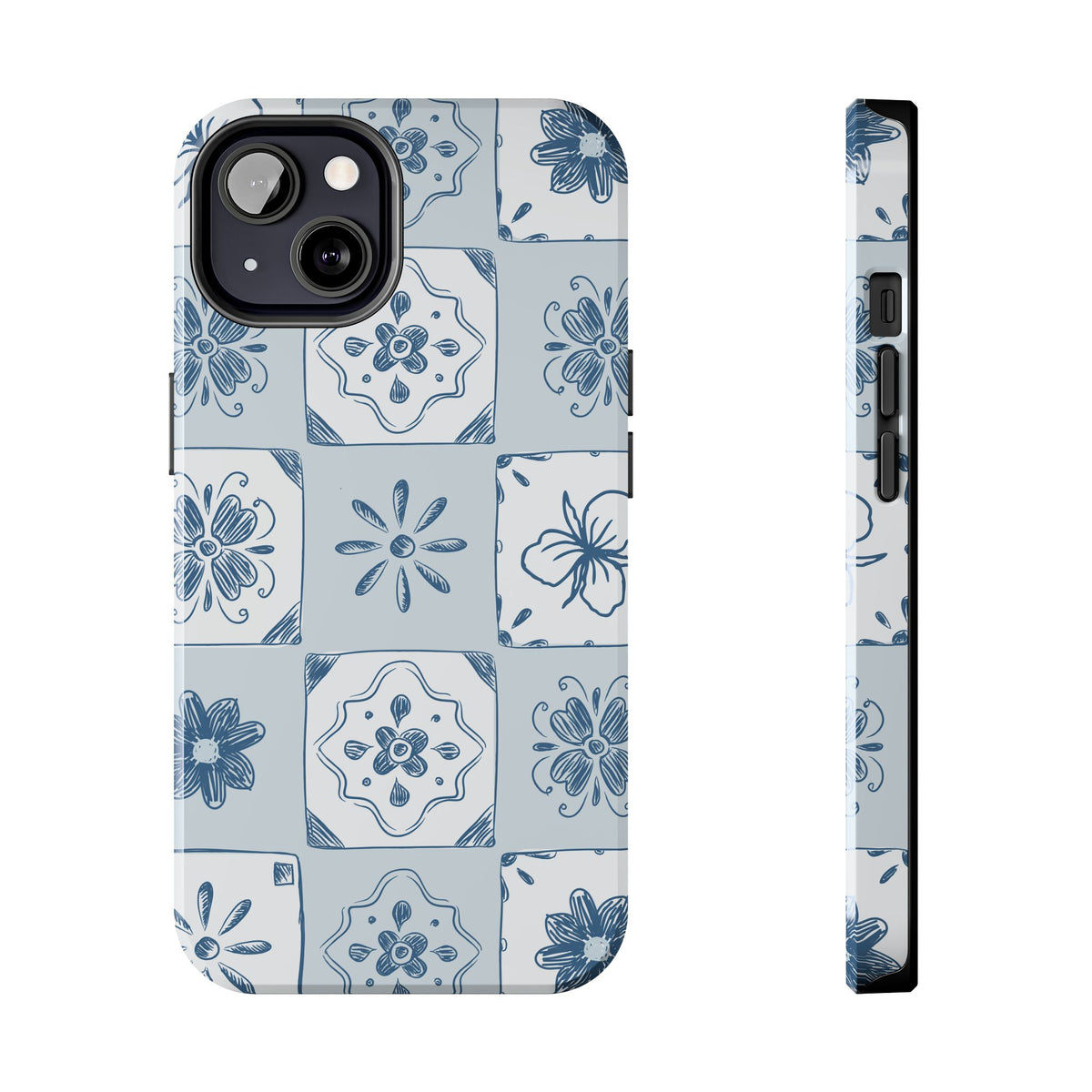 Blue Tile Floral Tough Phone Case — Ceramic Pattern Protective Phone Cover