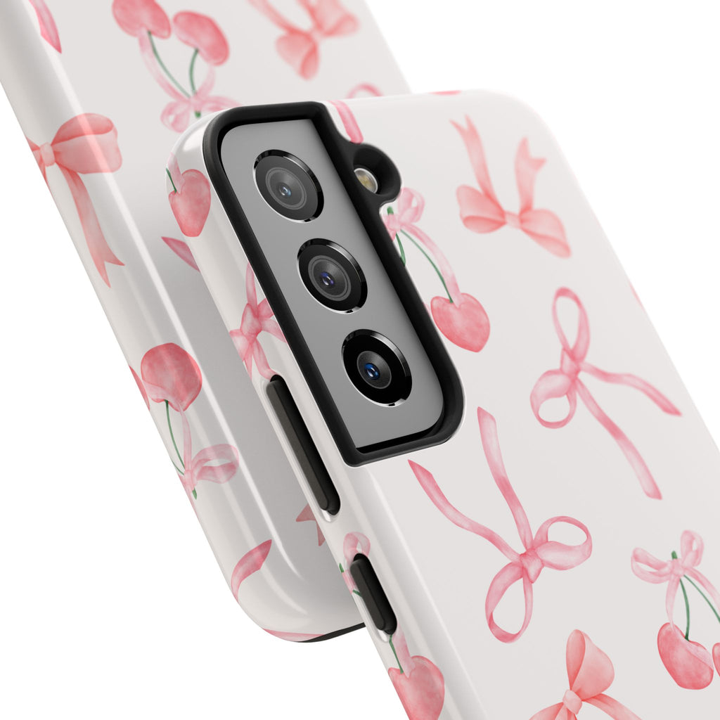 Pink Cherry & Bows Tough Phone Case — Cute Pastel Floral Pattern