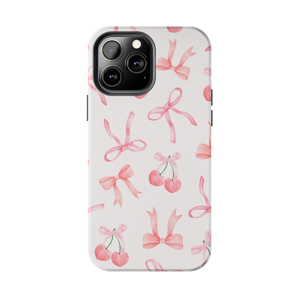 Pink Cherry & Bows Tough Phone Case — Cute Pastel Floral Pattern