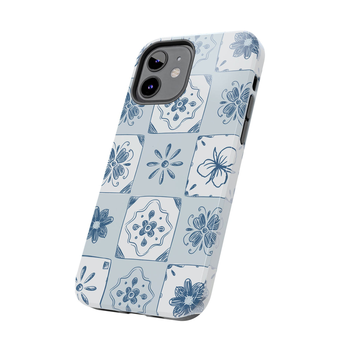 Blue Tile Floral Tough Phone Case — Ceramic Pattern Protective Phone Cover