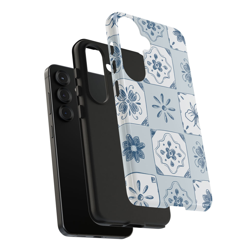 Blue Tile Floral Tough Phone Case — Ceramic Pattern Protective Phone Cover