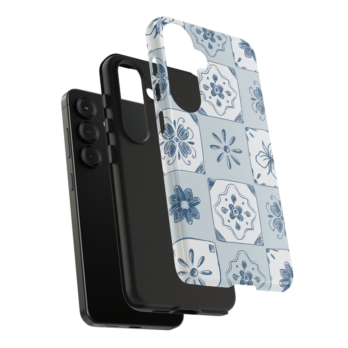 Blue Tile Floral Tough Phone Case — Ceramic Pattern Protective Phone Cover