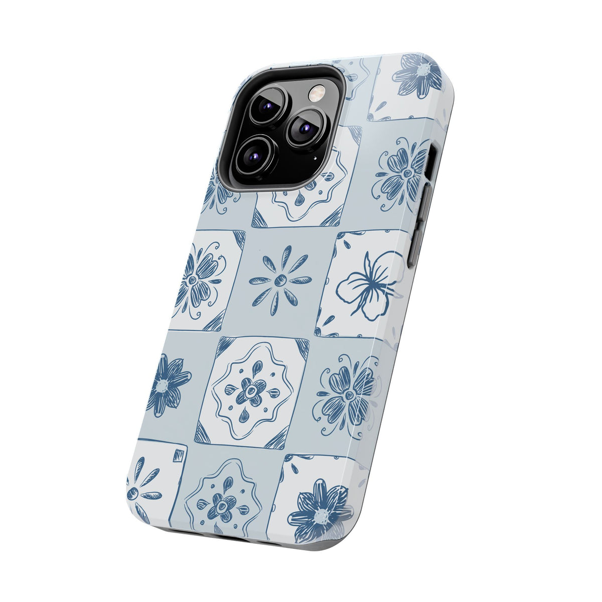 Blue Tile Floral Tough Phone Case — Ceramic Pattern Protective Phone Cover