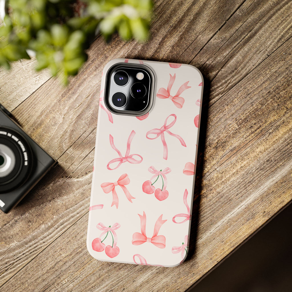 Pink Cherry & Bows Tough Phone Case — Cute Pastel Floral Pattern