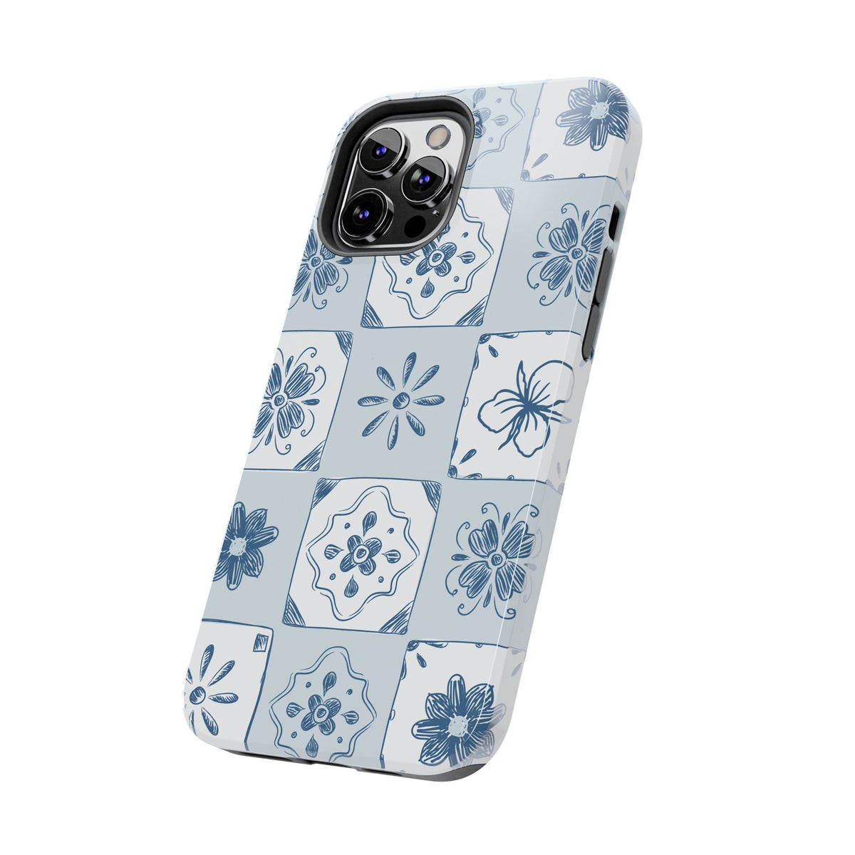 Blue Tile Floral Tough Phone Case — Ceramic Pattern Protective Phone Cover