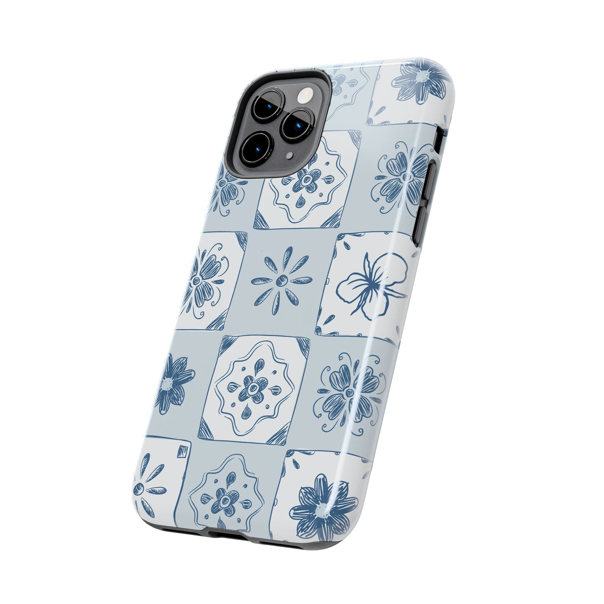 Blue Tile Floral Tough Phone Case — Ceramic Pattern Protective Phone Cover