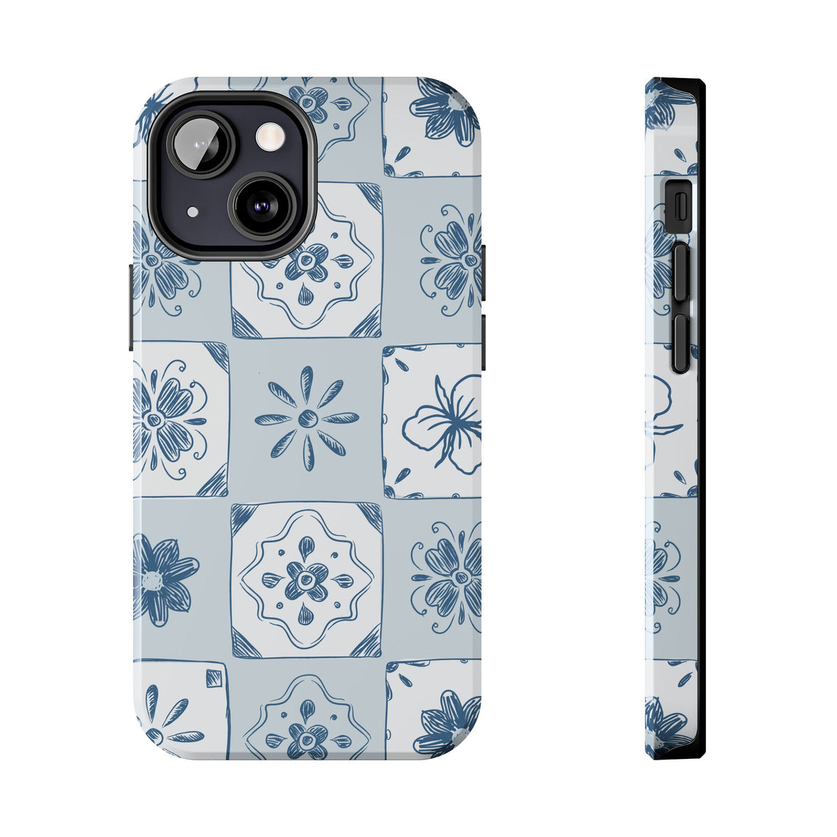 Blue Tile Floral Tough Phone Case — Ceramic Pattern Protective Phone Cover