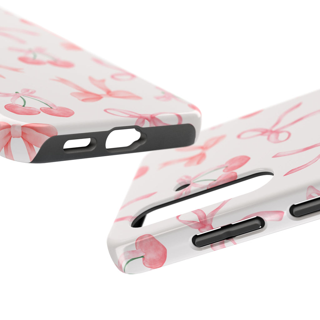 Pink Cherry & Bows Tough Phone Case — Cute Pastel Floral Pattern