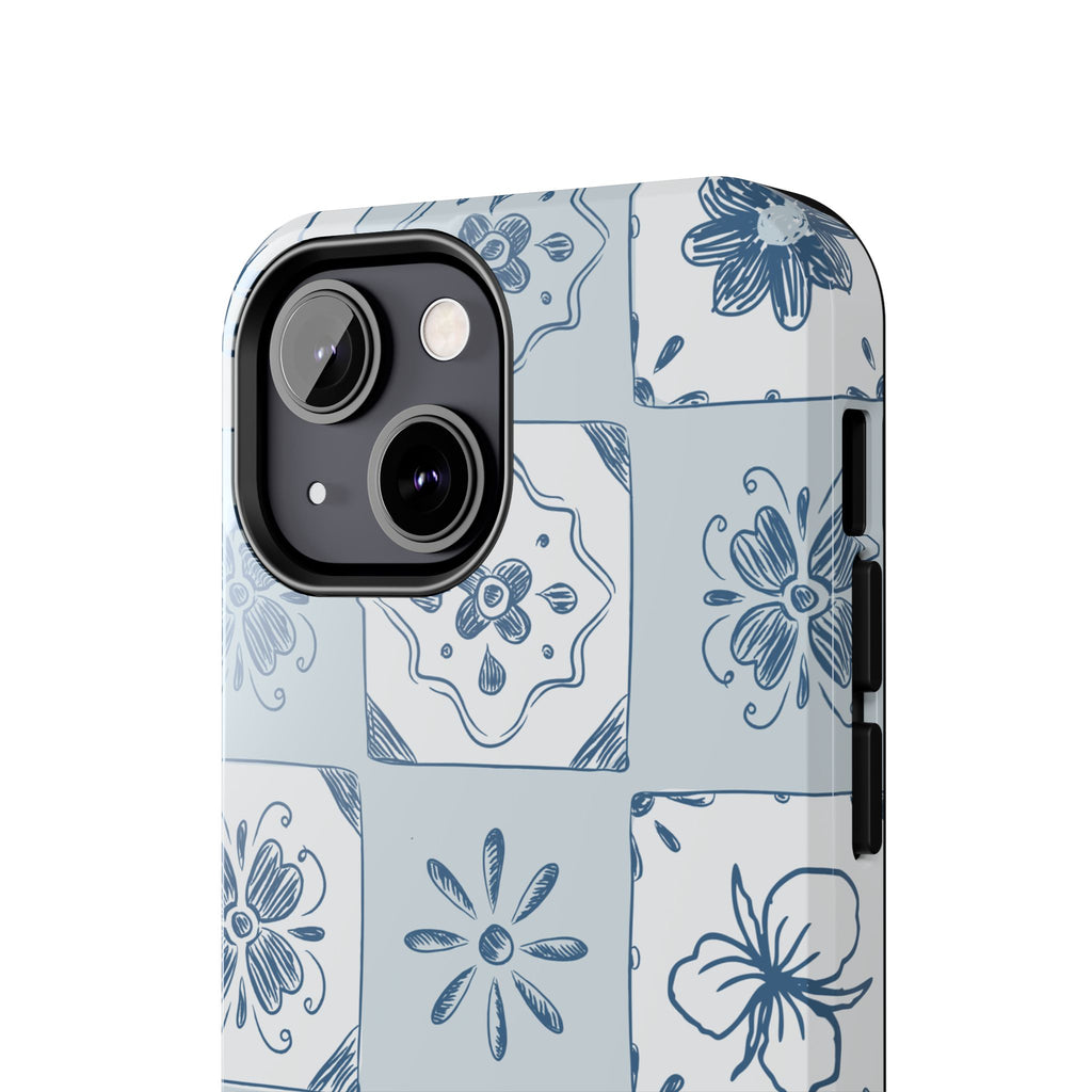 Blue Tile Floral Tough Phone Case — Ceramic Pattern Protective Phone Cover