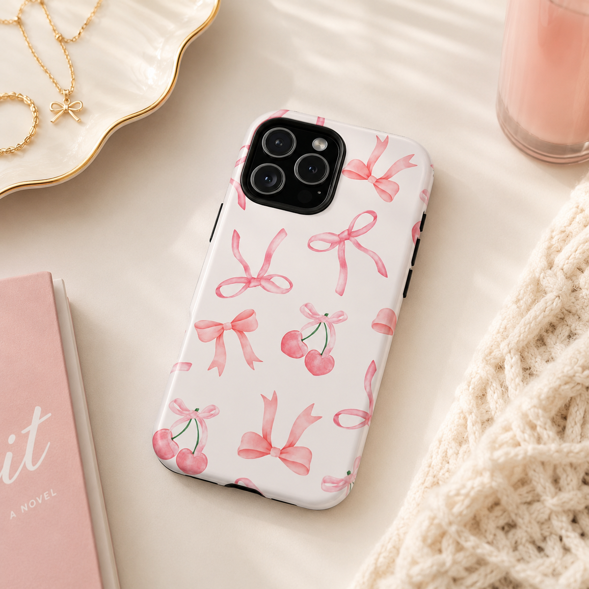 Pink Cherry & Bows Tough Phone Case — Cute Pastel Floral Pattern