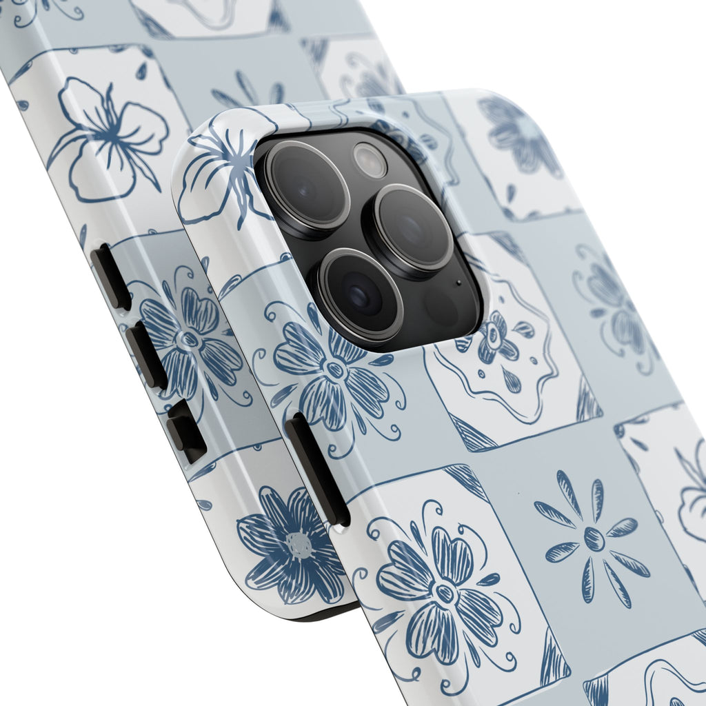 Blue Tile Floral Tough Phone Case — Ceramic Pattern Protective Phone Cover
