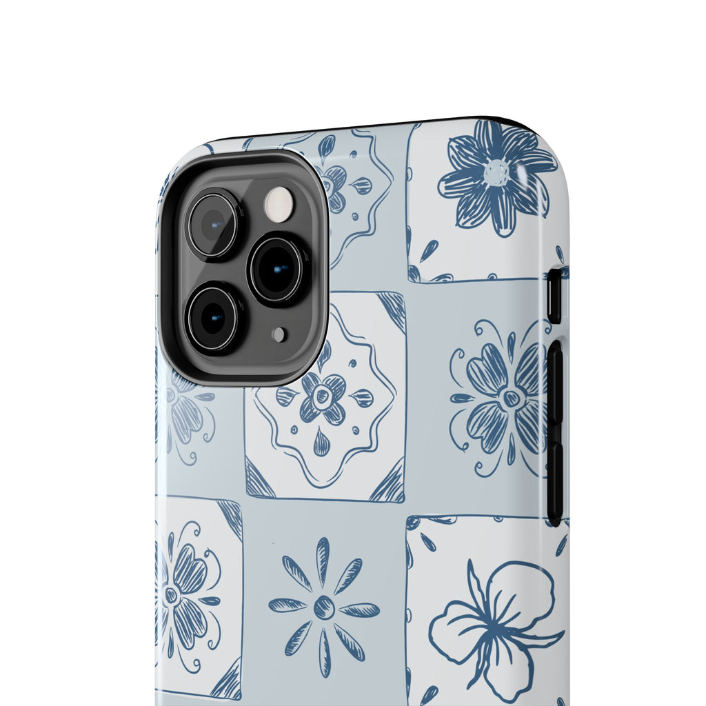 Blue Tile Floral Tough Phone Case — Ceramic Pattern Protective Phone Cover