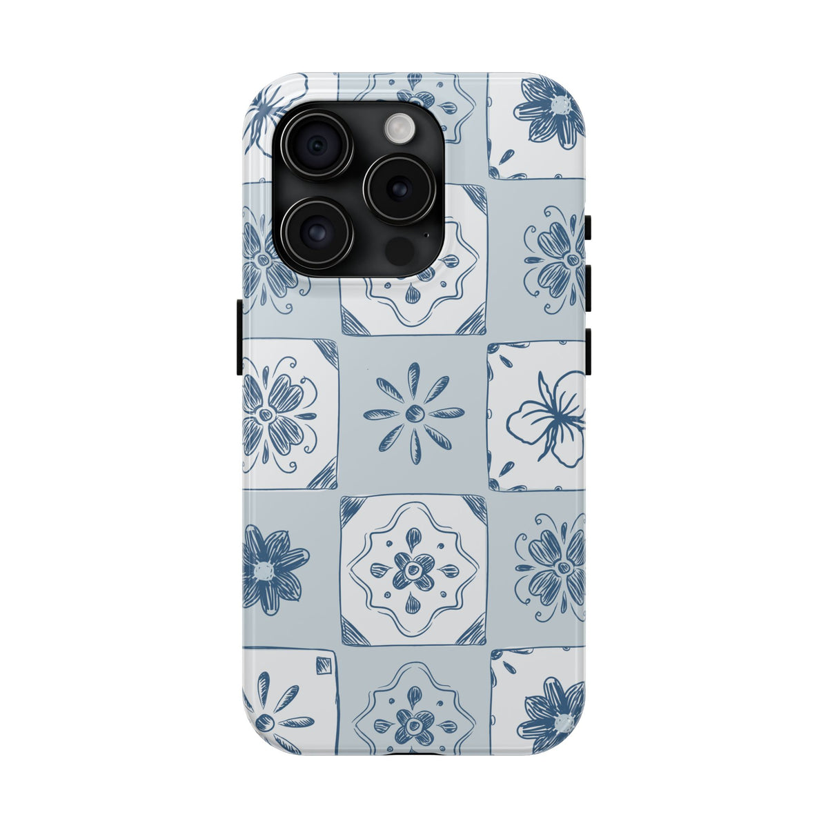 Blue Tile Floral Tough Phone Case — Ceramic Pattern Protective Phone Cover