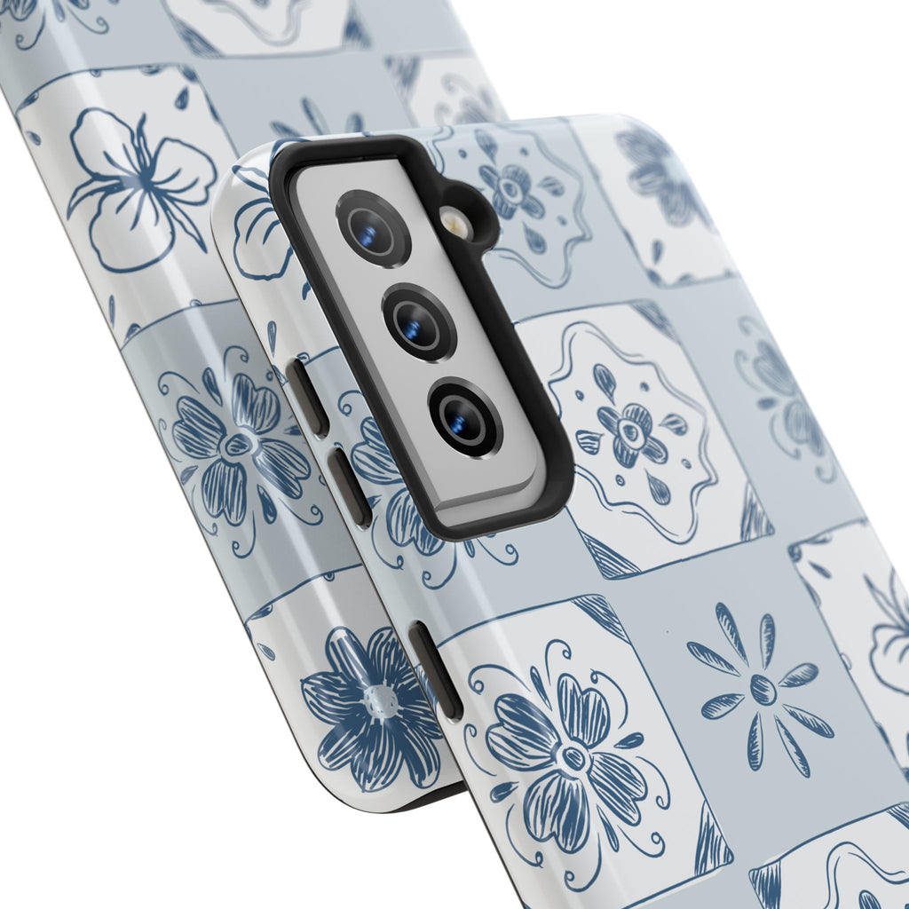 Blue Tile Floral Tough Phone Case — Ceramic Pattern Protective Phone Cover