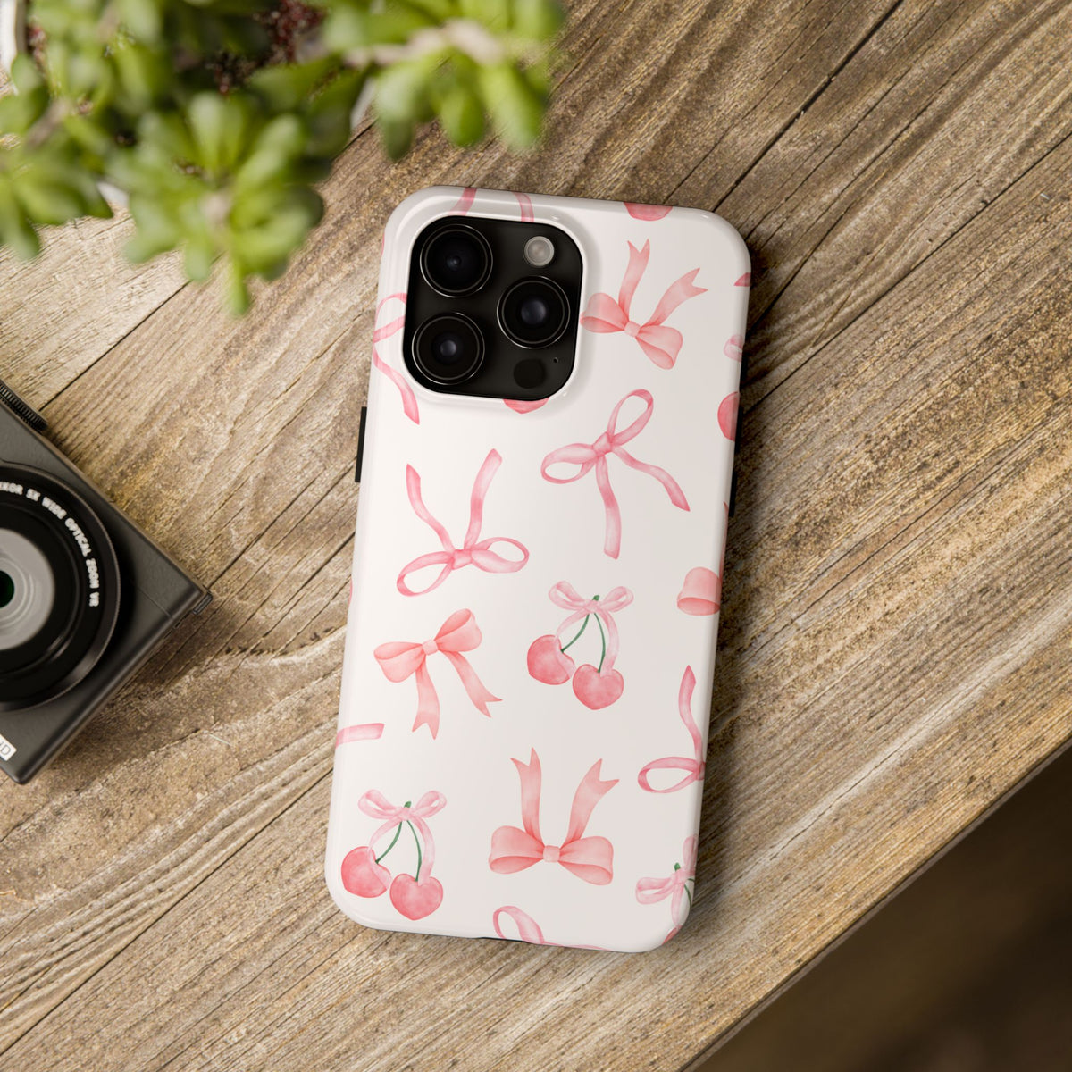 Pink Cherry & Bows Tough Phone Case — Cute Pastel Floral Pattern