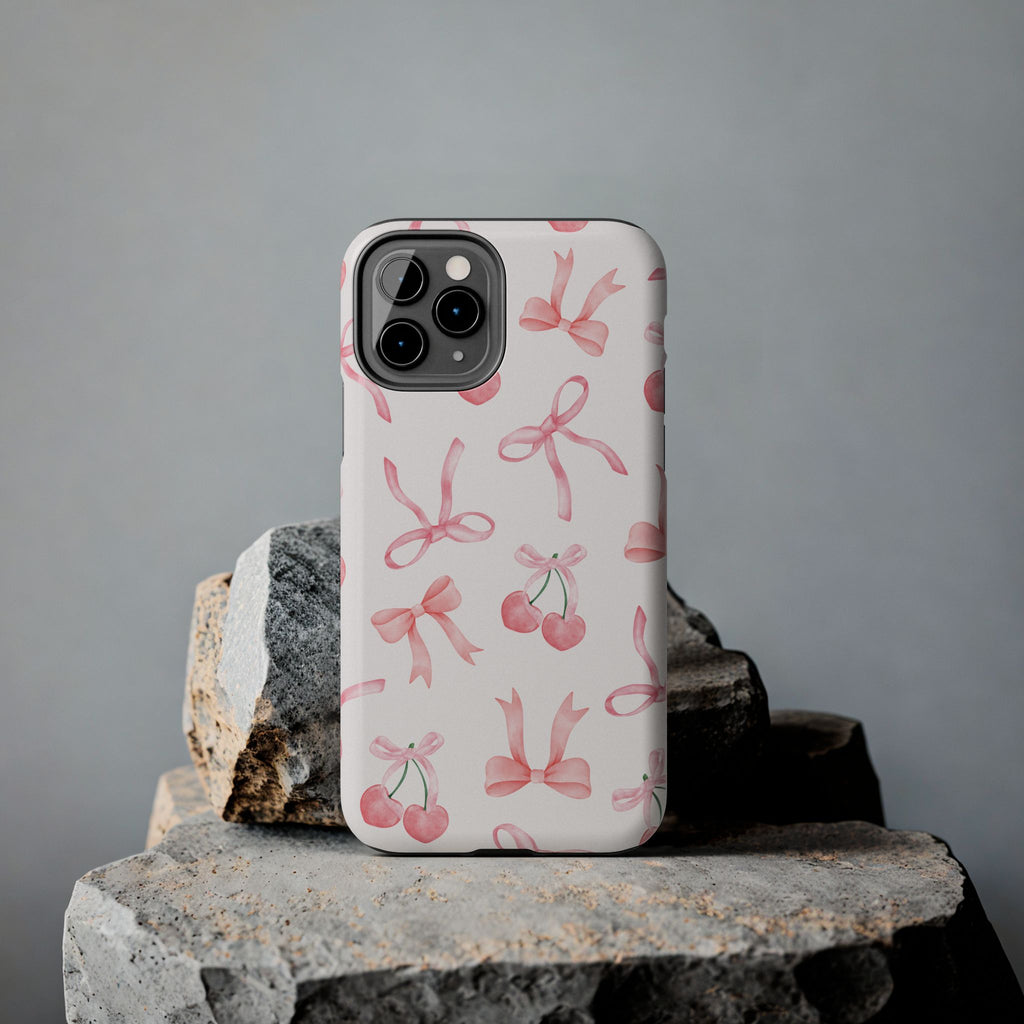 Pink Cherry & Bows Tough Phone Case — Cute Pastel Floral Pattern