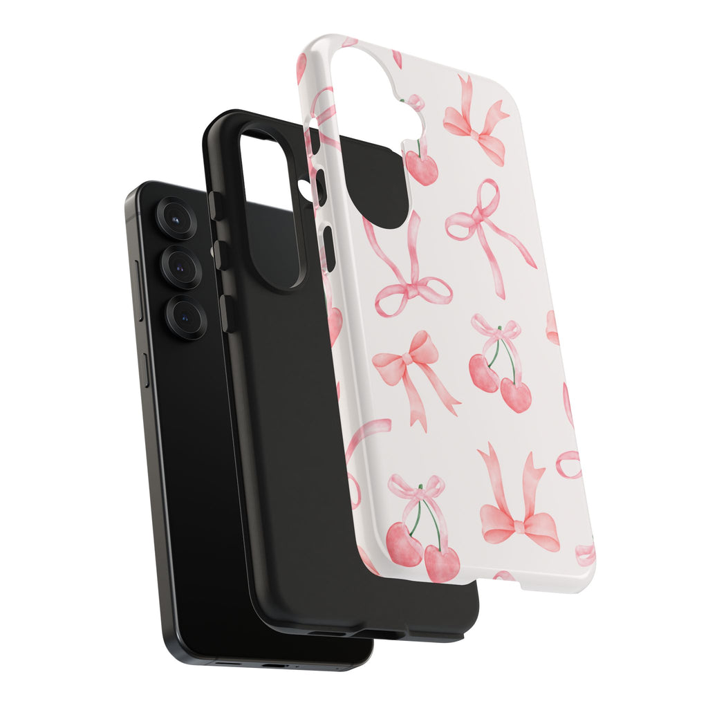 Pink Cherry & Bows Tough Phone Case — Cute Pastel Floral Pattern