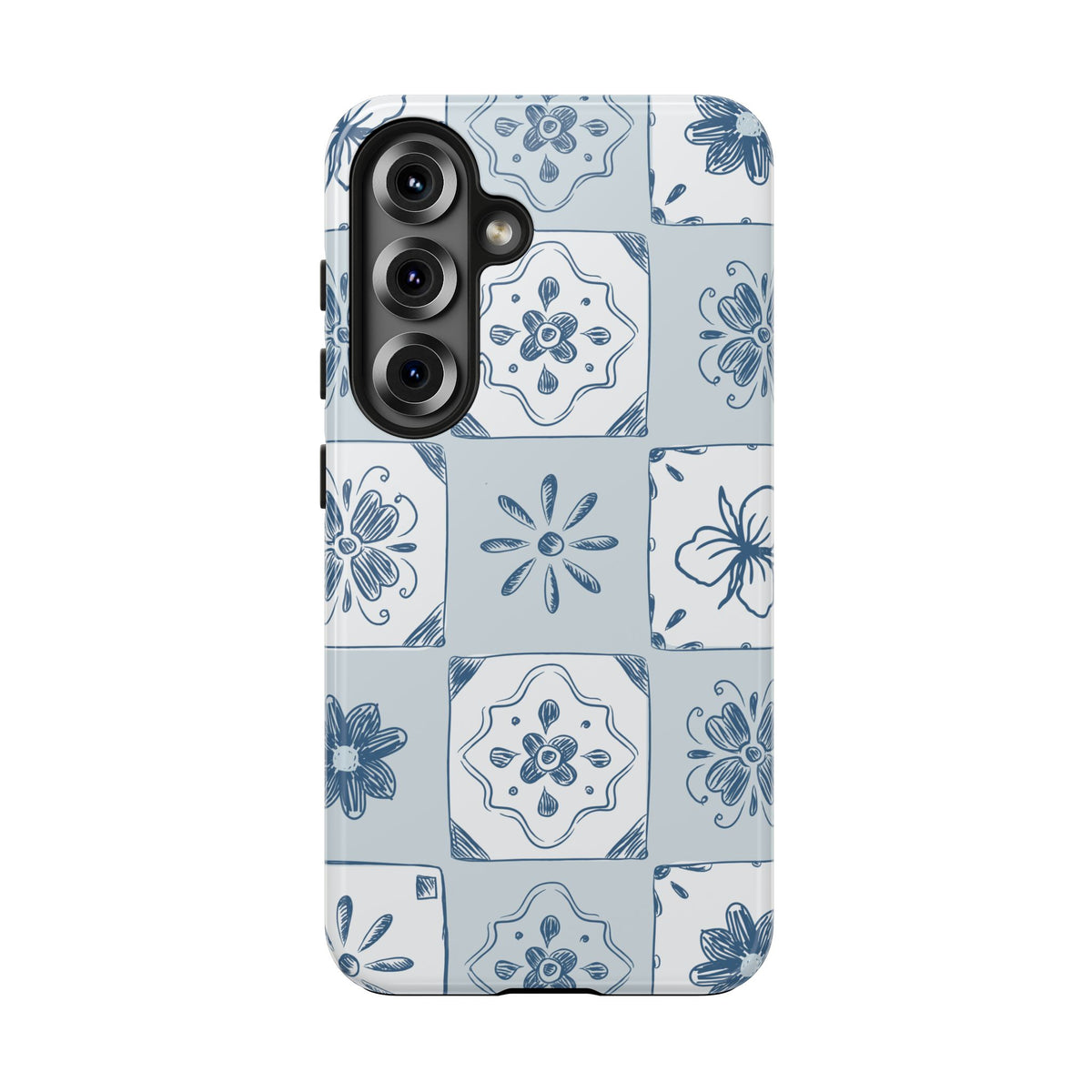 Blue Tile Floral Tough Phone Case — Ceramic Pattern Protective Phone Cover