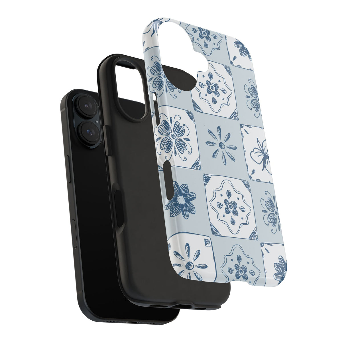 Blue Tile Floral Tough Phone Case — Ceramic Pattern Protective Phone Cover