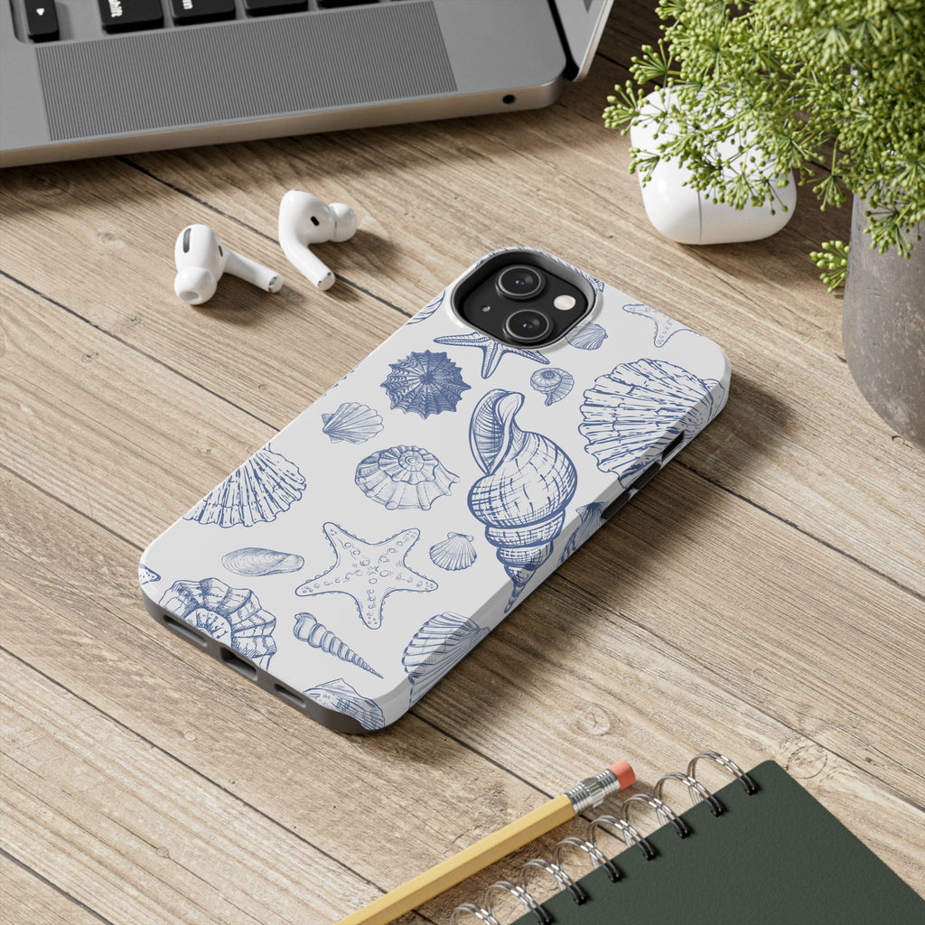 Seaside Sketch Tough Phone Case – Blue Shells & Starfish Protective Cover