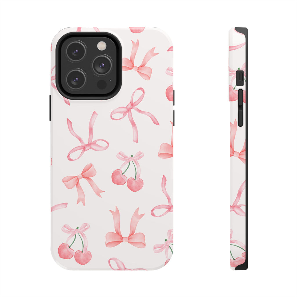 Pink Cherry & Bows Tough Phone Case — Cute Pastel Floral Pattern