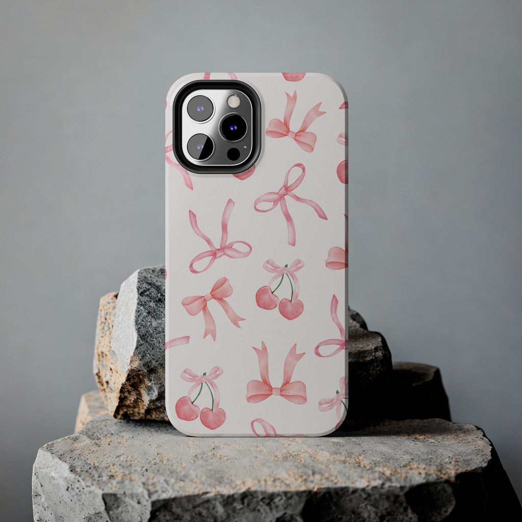 Pink Cherry & Bows Tough Phone Case — Cute Pastel Floral Pattern