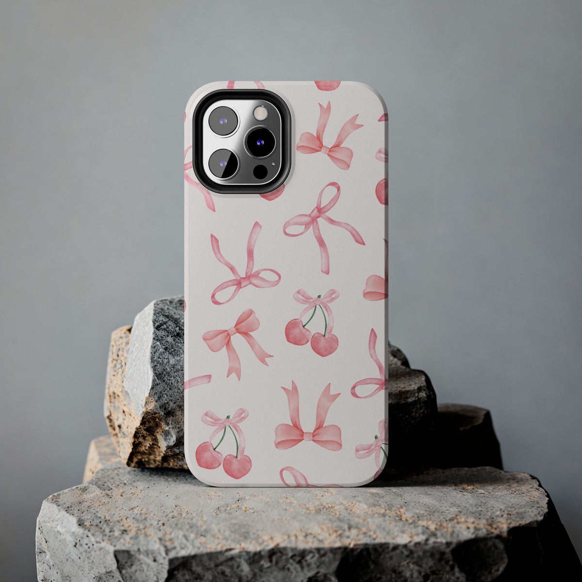 Pink Cherry & Bows Tough Phone Case — Cute Pastel Floral Pattern