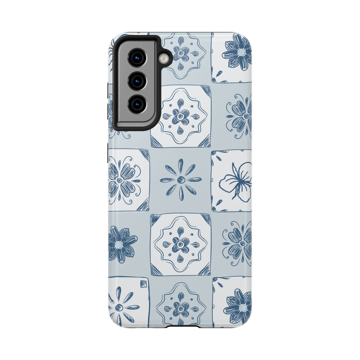 Blue Tile Floral Tough Phone Case — Ceramic Pattern Protective Phone Cover