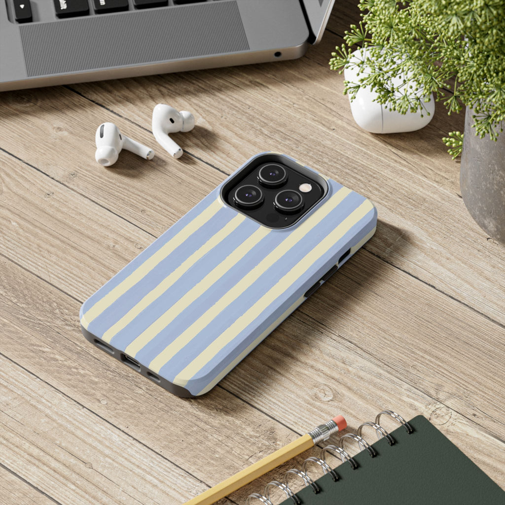 Pastel Stripe Tough Phone Case — Blue & Cream Protective Cover