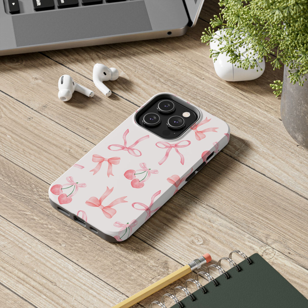 Pink Cherry & Bows Tough Phone Case — Cute Pastel Floral Pattern