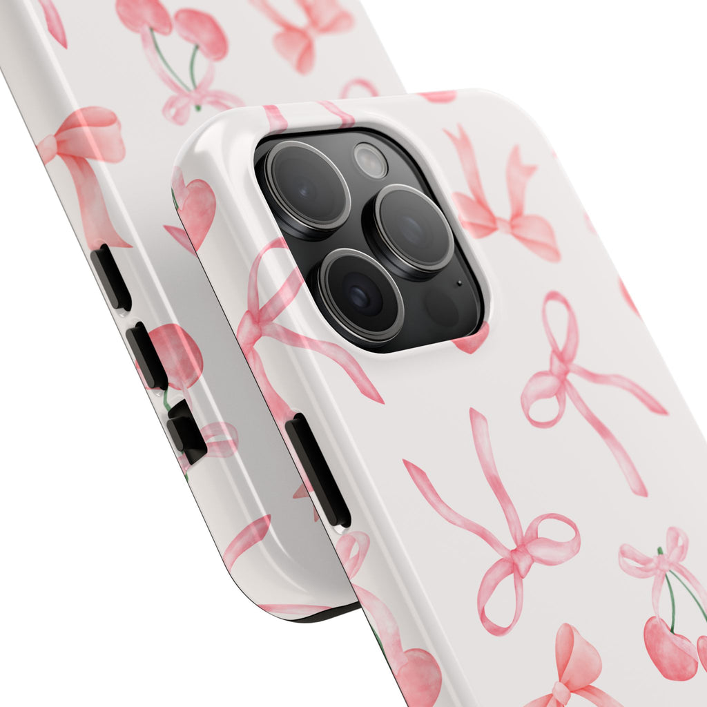Pink Cherry & Bows Tough Phone Case — Cute Pastel Floral Pattern