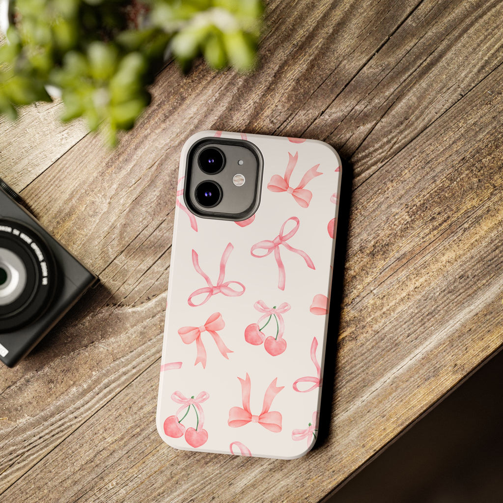 Pink Cherry & Bows Tough Phone Case — Cute Pastel Floral Pattern