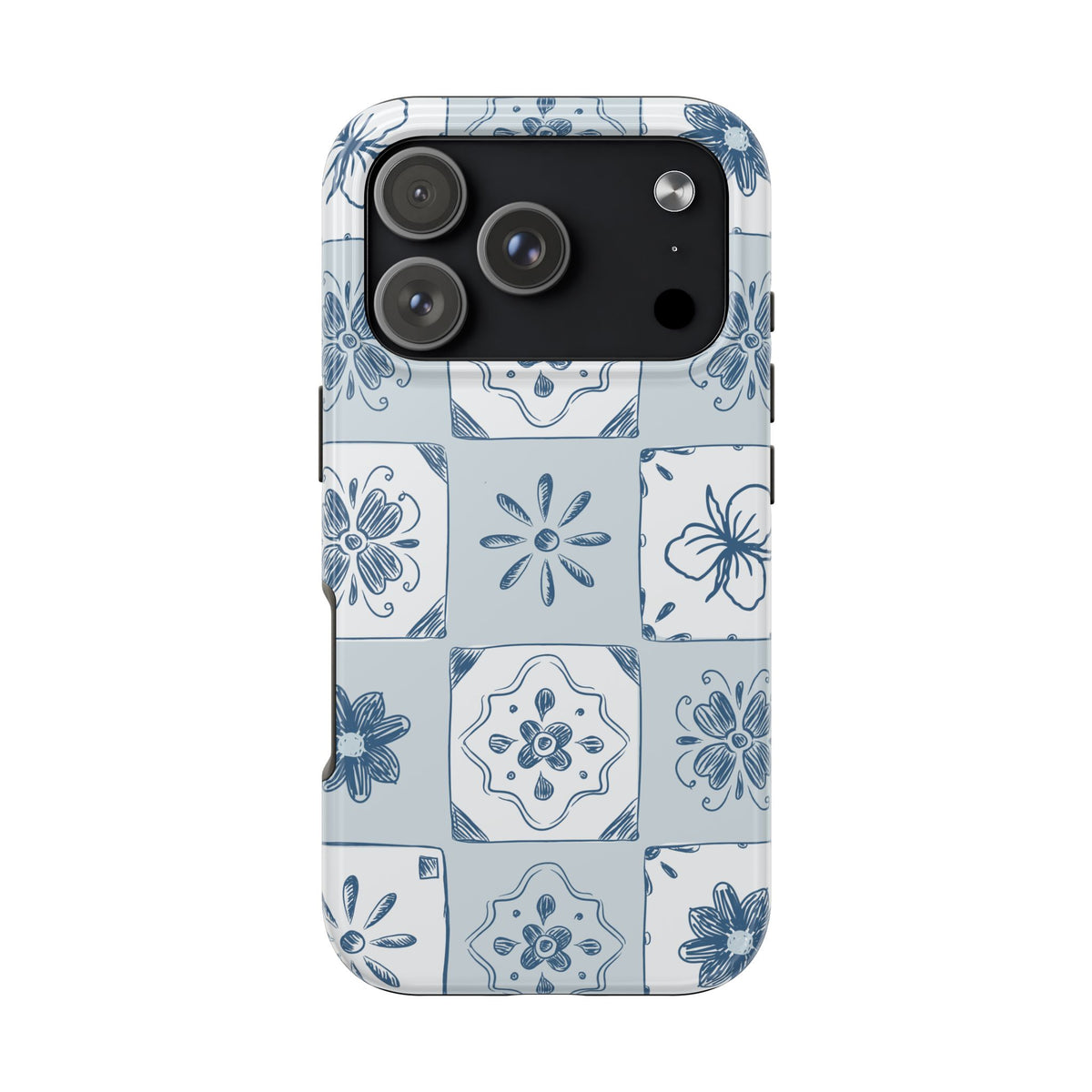 Blue Tile Floral Tough Phone Case — Ceramic Pattern Protective Phone Cover
