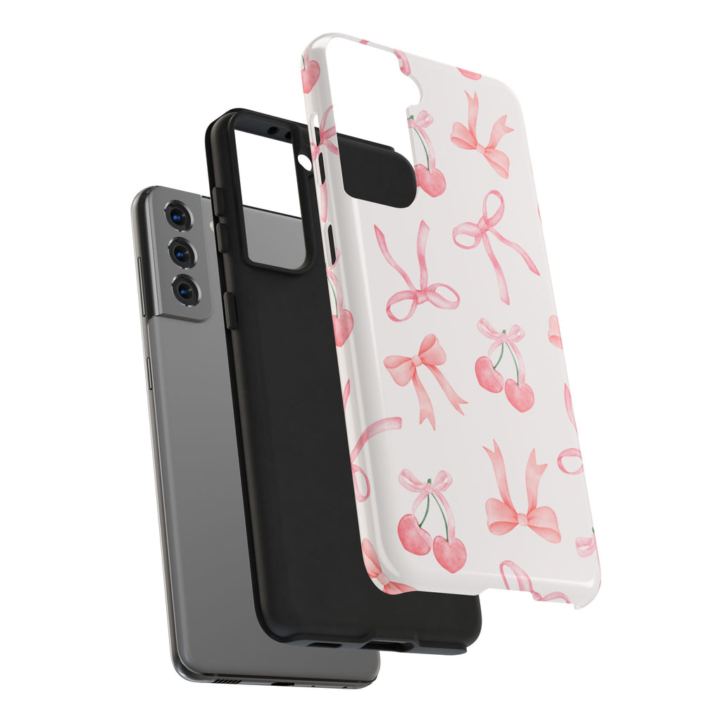 Pink Cherry & Bows Tough Phone Case — Cute Pastel Floral Pattern