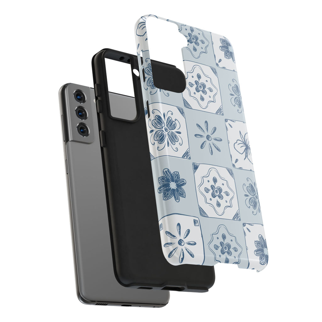 Blue Tile Floral Tough Phone Case — Ceramic Pattern Protective Phone Cover