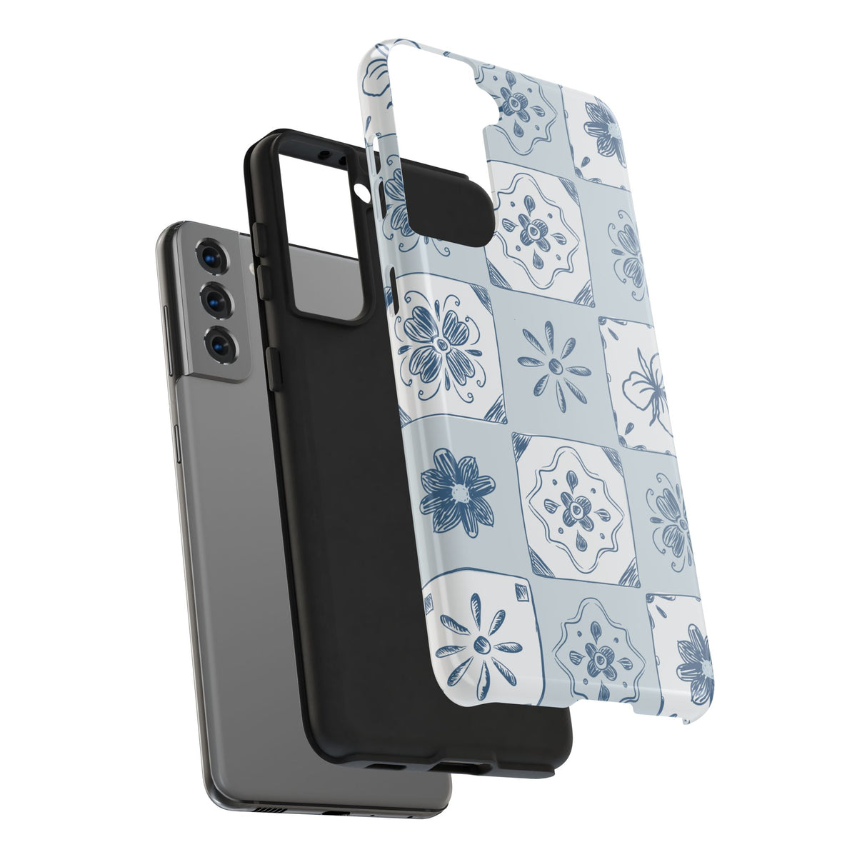 Blue Tile Floral Tough Phone Case — Ceramic Pattern Protective Phone Cover